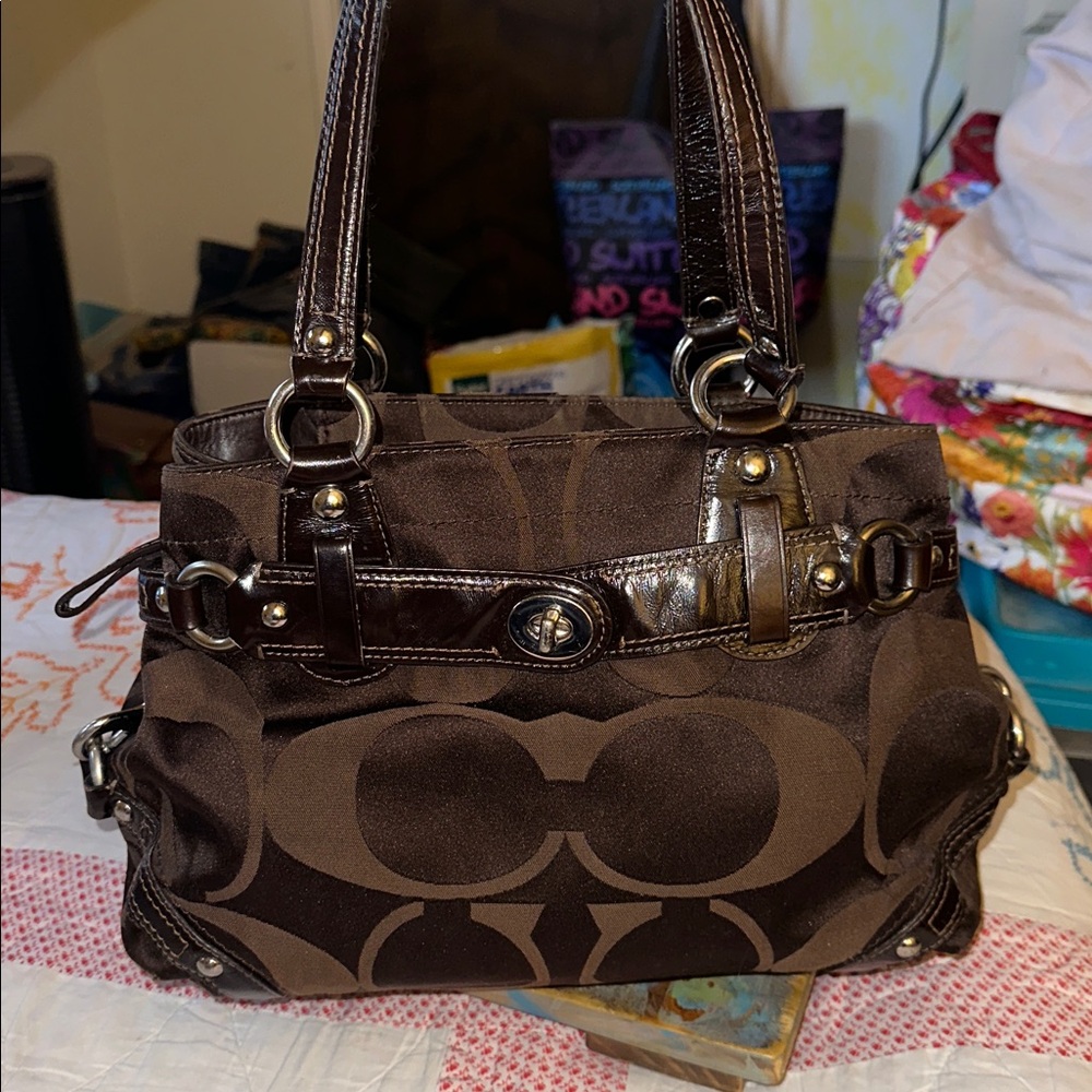 COACH Mahogany Brown Signature Carly Satchel Handbag 13300 (M)